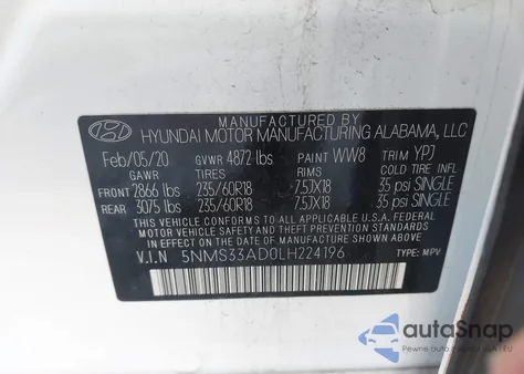 2020 Hyundai Santa Fe Sel from USA, damaged, VIN 5NMS33AD0LH224196